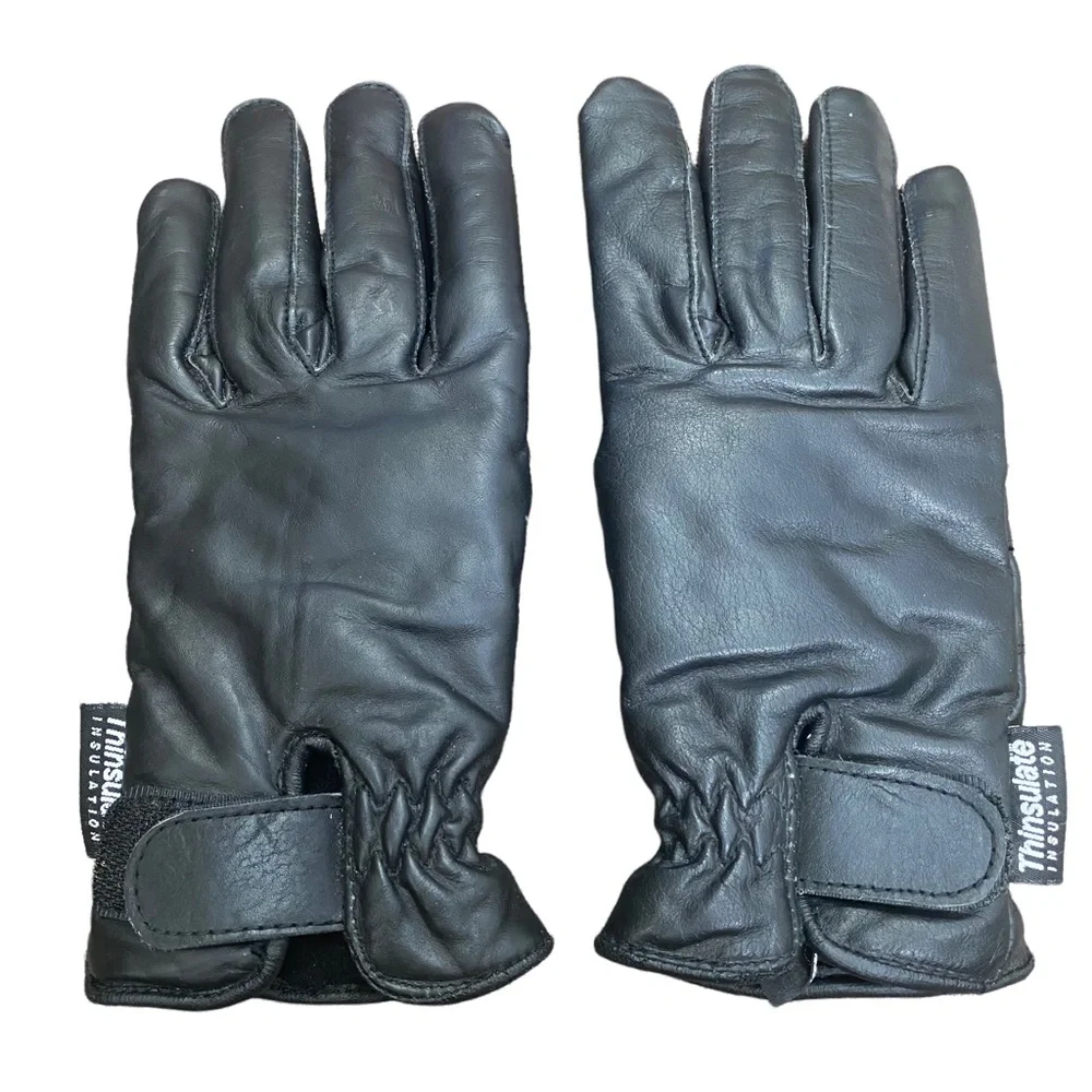 Biker's Club Black Leather Adjustable Wrist Insulated Motorcycle Gloves womens S